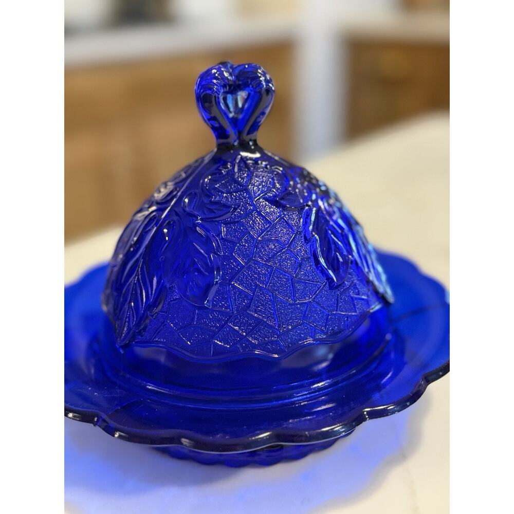 LG Wright Cobalt Blue Glass Covered Dome Lid Butter Cheese Dish Leaves